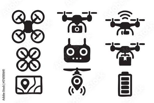 Black silhouette icons of various drone types and related elements, including controllers, camera features, delivery options, map, and battery indicator.