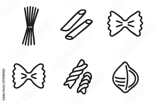Hand-drawn black outline icons of various pasta shapes including spaghetti, rigatoni, farfalle, fusilli, and conchiglie, arranged in a grid pattern.