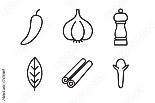 Black outline icons of chili pepper, garlic bulb, pepper mill, bay leaf, cinnamon sticks, and clove, representing various spices and seasonings.