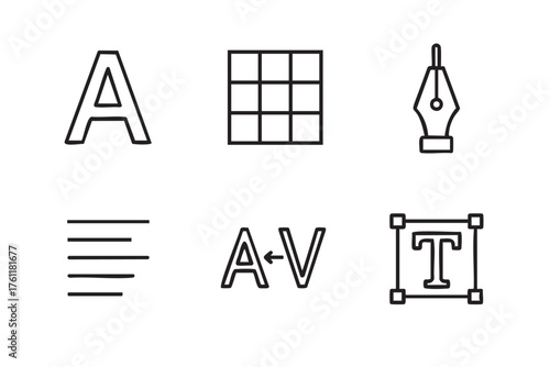 Six black outline icons representing different design tools: a letter a, a grid, a pen nib, text alignment lines, a letter pair for kerning, and a text box with handles.