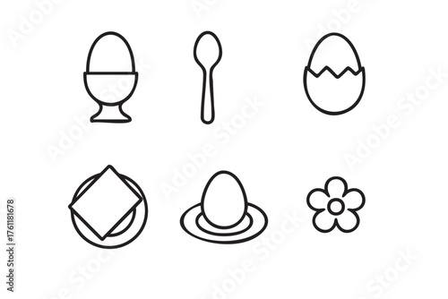 Black outline vector icons of a boiled egg in an egg cup, a spoon, a cracked egg, a napkin on a plate, an egg on a plate, and a flower.