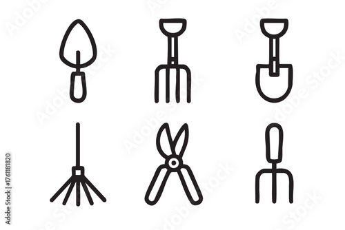 Simple black outline icons of various garden tools including a trowel, pitchfork, shovel, rake, pruning shears, and hand fork.