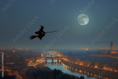 sagoma della Befana che vola su una scopa rustica sopra i tetti di un villaggio italiano in una notte invernale innevata portando un sacco di regali