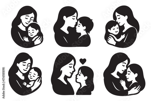 Simple black silhouette illustrations depicting various nurturing poses of a mother lovingly embracing her child in different affectionate interactions.