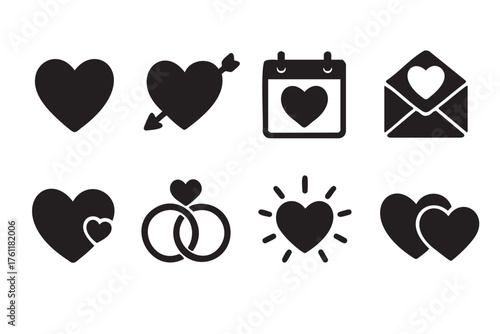 Collection of black silhouette icons including hearts, a calendar, an envelope, and a pair of intertwined rings, symbolizing love and romance.