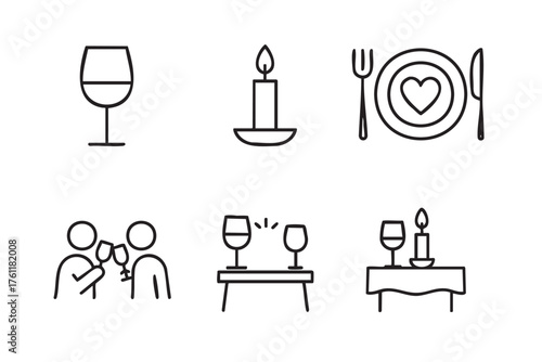 Simple black outline icons depicting wine glass, candlelit dinner settings, and social gathering symbols for occasions and celebrations.