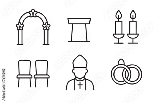 Black outline icons depicting wedding elements including an arch, podium, candles, chairs, clergy figure, and interlocking rings.