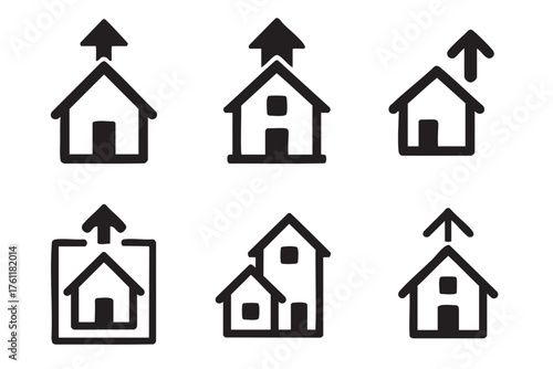 Six black house icons with upward arrows, representing growth and development concepts in a simple, hand-drawn style.