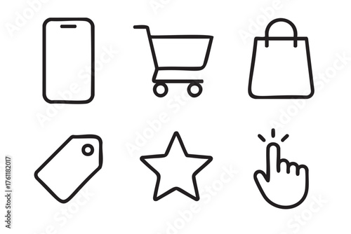 Simple black outline icons representing shopping elements including a mobile phone, cart, bag, tag, star, and pointing hand.