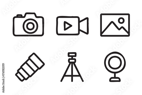 Black outline icons representing a camera, video recorder, picture frame, telescope, tripod, and webcam, symbolizing different aspects of photography and videography.