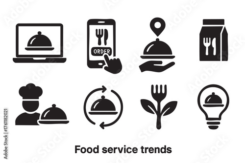 Black silhouette icons representing modern food service trends, including online ordering, delivery, eco-friendly options, and culinary innovations.