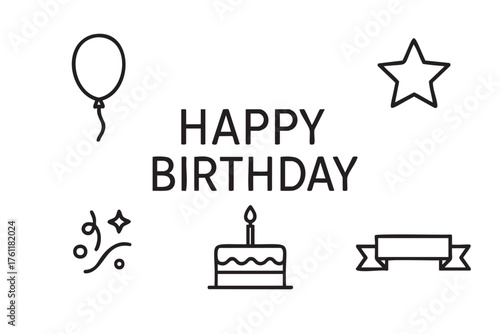 Black outline illustration featuring a birthday theme with a balloon, star, decorative elements, cake with a candle, and a banner.