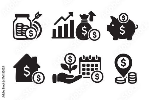 Set of black icons depicting financial growth with a jar of coins, upward graph, money bags, piggy bank, house with dollar symbol, hand nurturing plant, calendar, and location with coins.