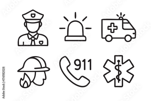 Black outline icons depicting various emergency services and symbols, including a police officer, ambulance, firefighter, emergency alarm, 911 call, and medical star.
