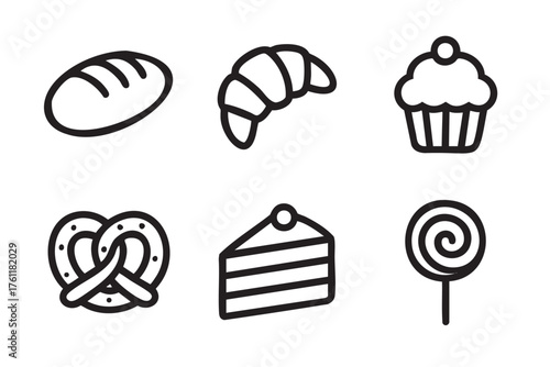 Black outline icons of various baked goods including bread, croissant, cupcake, pretzel, cake slice, and lollipop on a white background.