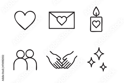 Black outline icons depicting a heart, love letter, candle, two people, holding hands, and four stars, representing love and connection.