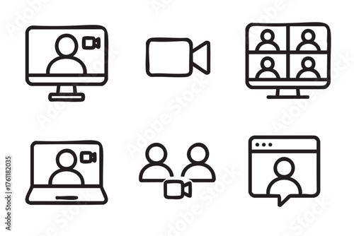Black outline icons depicting various video conferencing concepts including a computer, webcam, and virtual meeting screens with abstract human figures.