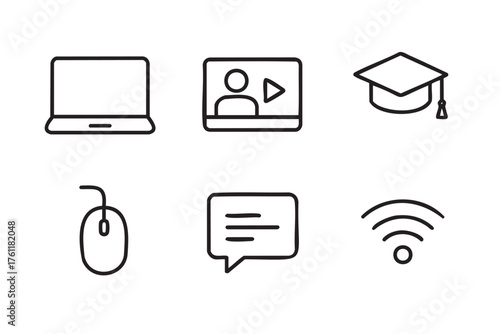 Simple black outline icons of a laptop, an online lesson, a graduation cap, a computer mouse, a speech bubble, and a wi-fi signal, representing digital education themes.