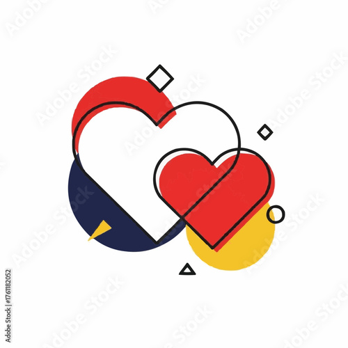 Abstract colorful hearts design with geometric shapes and patterns  