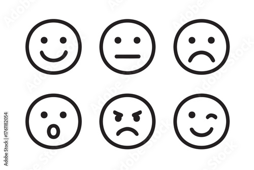 Six minimal black outline emoticons illustrating a range of emotions from happiness to anger in a simple circular design.