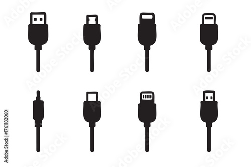 Black silhouette icons of various electronic connectors and plugs, including usb and audio jack, arranged in a grid pattern.