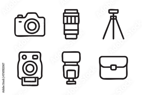 Black outline icons depicting essential photography equipment including a camera, lens, tripod, polaroid camera, flash, and camera bag.