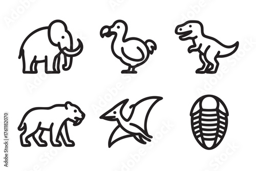 Six black outline icons depicting various extinct animals including a mammoth, dodo, dinosaur, saber-toothed tiger, pterodactyl, and trilobite.