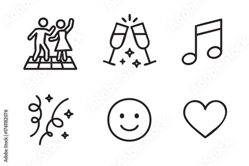 Six black outline icons depicting dancing people, clinking champagne glasses, a musical note, confetti streamers, a smiling face, and a heart shape.