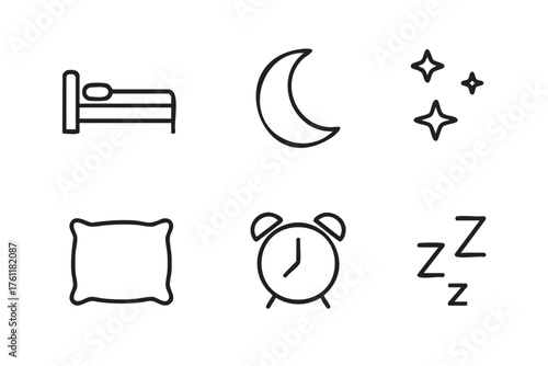 Simple black outline icons representing a bed, crescent moon, stars, pillow, alarm clock, and sleep symbols on a white background.
