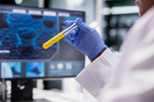 Εκτύπωση καμβά Close up of black expert reviewing compound samples for biotechnology study, working on medical science in a laboratory