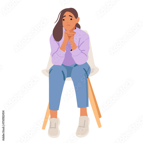 Young woman cartoon character on chair in long wait expressing sadness, nervousness, and anxiety