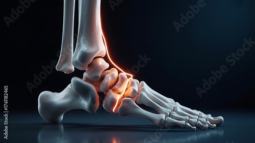 Anatomical illustration of the human ankle and foot bones with highlighted tendons and ligaments, showing joint structure