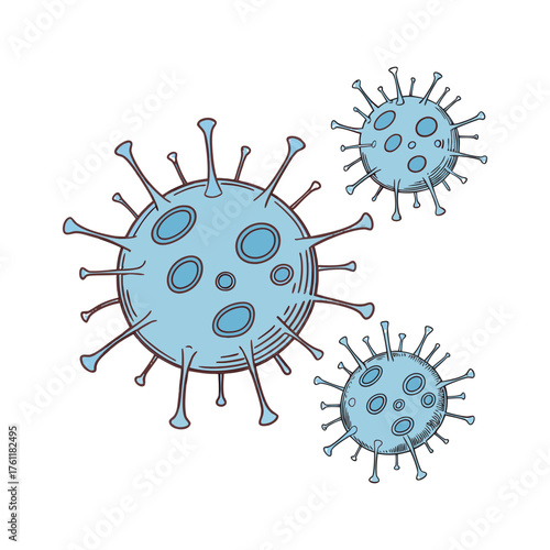 Hand drawn artistic virus microbe cells conceptual medical science representation isolated on white background