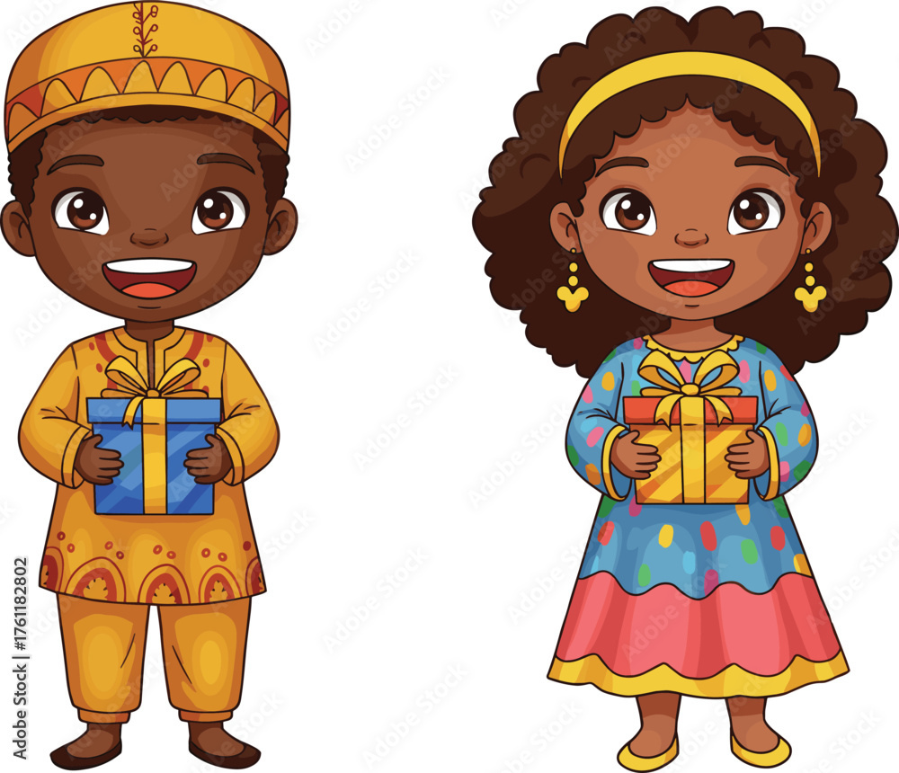 Naklejka premium Cartoon children cultural costumes, traditional dress, gift box, festive celebration, colorful outfit, cheerful pose, smiling, diversity, standing, joyful