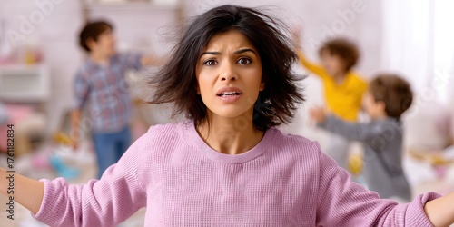 confused woman dynamic pose, with kids arguing and rampaging in chaotic messy living room background -