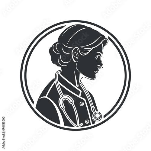Silhouette portrait of a nurse with stethoscope inside a circle emblem symbol isolated on white background