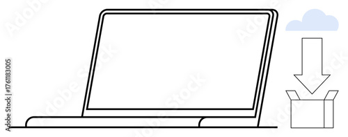 Open laptop, cloud icon, downward arrow into a box symbolizing data download, backup, storage. Ideal for data management, cloud computing, technology, remote work digital tools file sharing simple