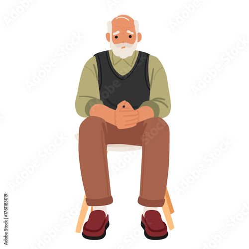 Bored nervous senior man cartoon character sitting on chair waiting for his turn isolated on white