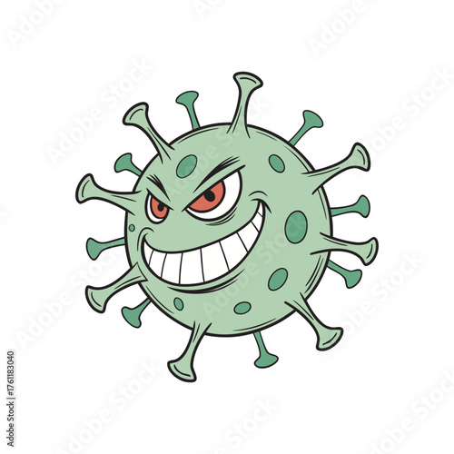 Fearsome cartoon virus character with spikes and grinning evil face isolated on white background