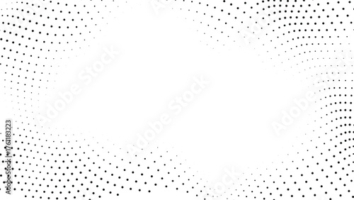 Halftone Dotted Abstract Wave Frame Minimalist Black and White Digital Background with Flowing Rhythmic Points Creating a Dynamic Border and Open Space for Text or Product Placement