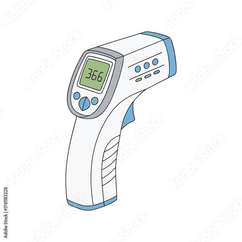 Digital infrared thermometer gun device for accurate temperature measurement displaying reading isolated on white background