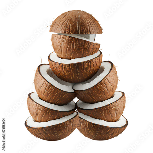 Discover a cascade of fresh, juicy coconuts artfully arranged for your vibrant tropical designs and healthy lifestyle projects.