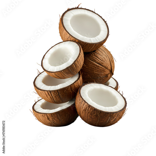 Freshly halved coconuts stacked in a visually appealing pyramid showcasing their pristine white flesh and textured brown shells