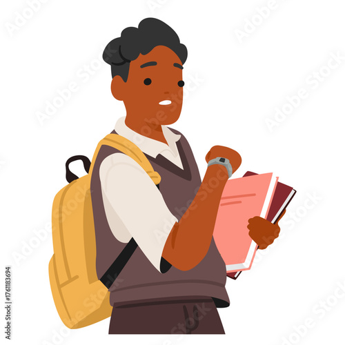 Schoolboy cartoon character nervously looking at wristwatch waiting for classmate being late