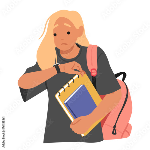 Teenage girl student isolated cartoon character feeling worried and nervous looking at wristwatch