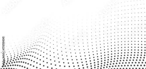 Abstract flowing wave pattern composed of small black dots on a white background creating a dynamic and modern visual effect