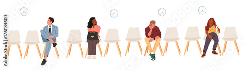 Businessman, businesswoman, male job seeker and student cartoon characters waiting on chairs