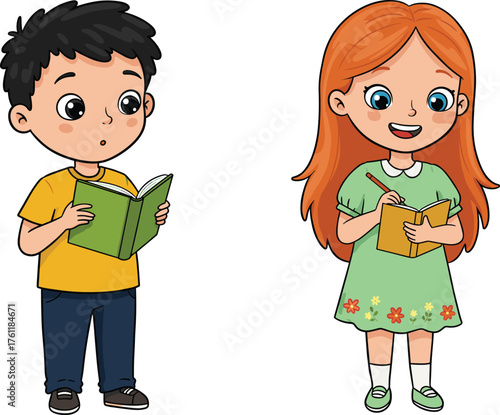 Cartoon children learning, boy reading book, girl writing notebook, pencil in hand, green dress, yellow shirt, education, study, happy, focused