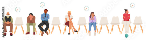 Diverse nervous people cartoon characters of different ages sitting on chairs waiting for meeting