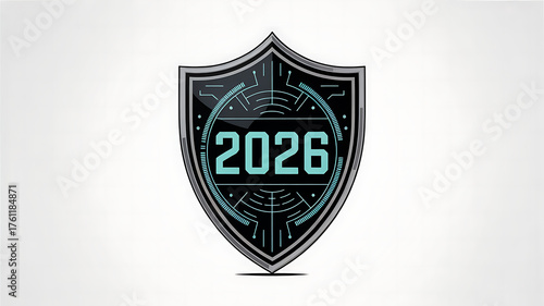 Futuristic shield emblem with year 2026 and digital circuit pattern technology